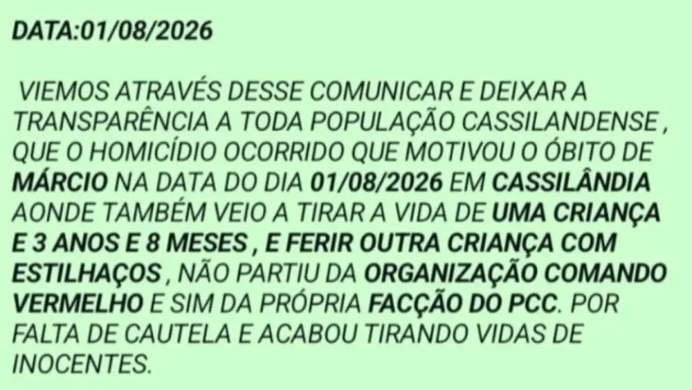 Comando Vermelho nega autoria de morte de criança e padrasto em MS