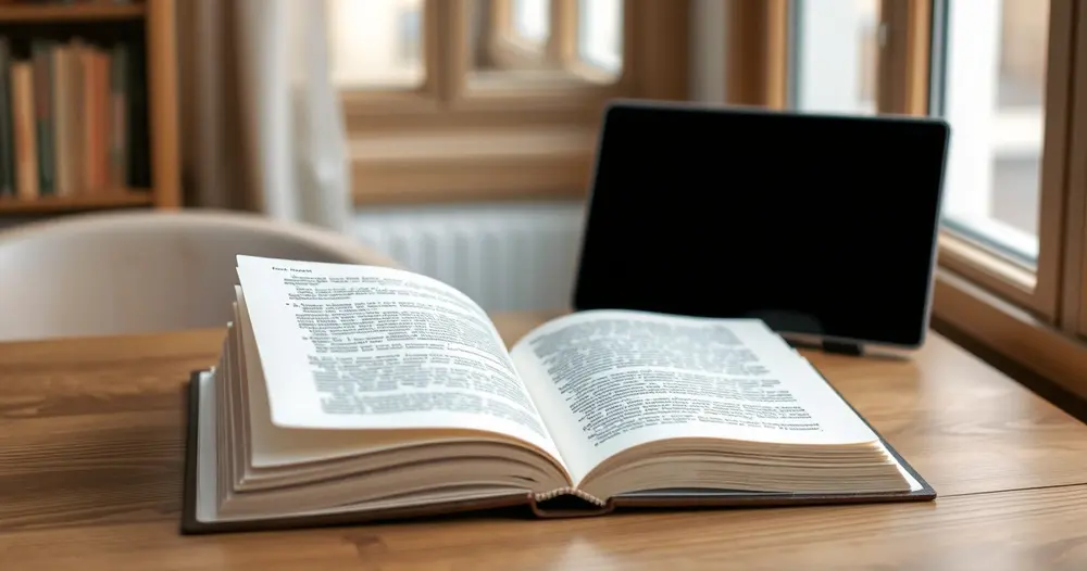 Livro religioso aberto sobre mesa de madeira com luz suave