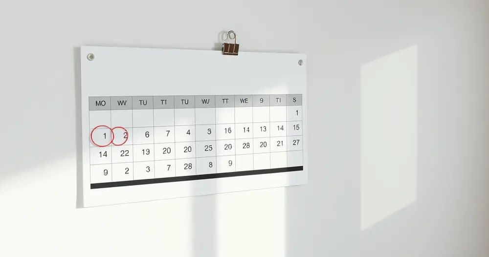 Calendário de parede com dias marcados ao lado de caneta