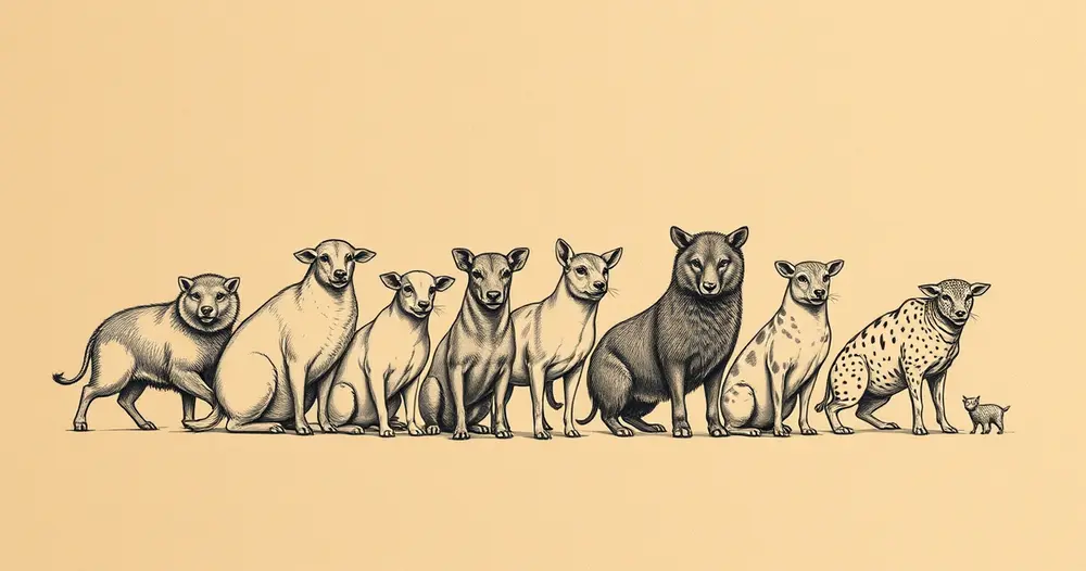 Ilustração antiga de animais enfileirados sobre papel envelhecido
