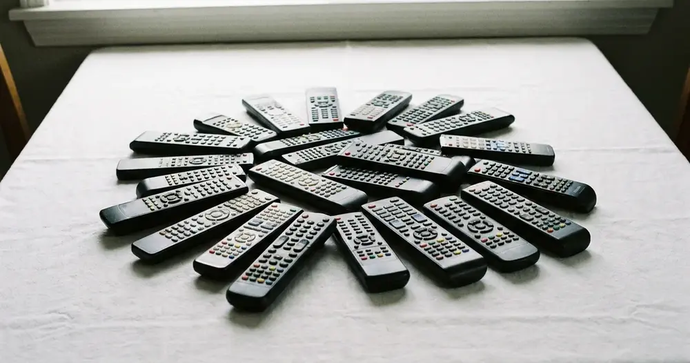 vários controles remotos de televisão dispostos sobre superfície branca