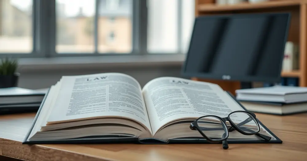 Livro de legislação aberto sobre mesa de escritório
