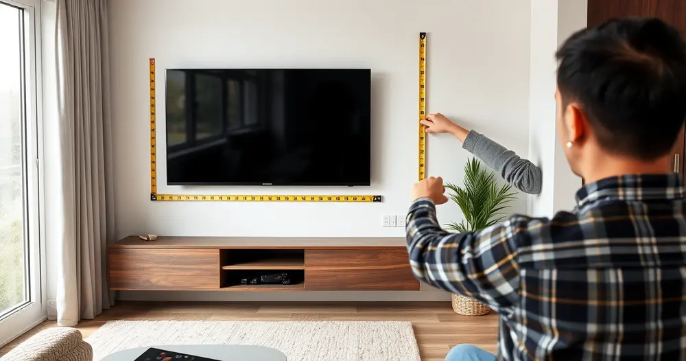 pessoa medindo espaço na parede para instalar televisão